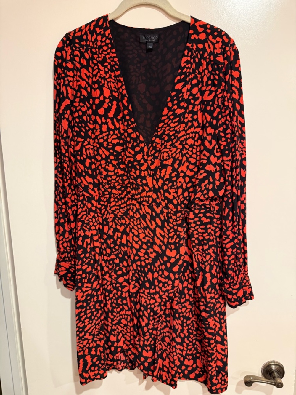 Topshop Black and Red Long Sleeve Printed Wrap Dress